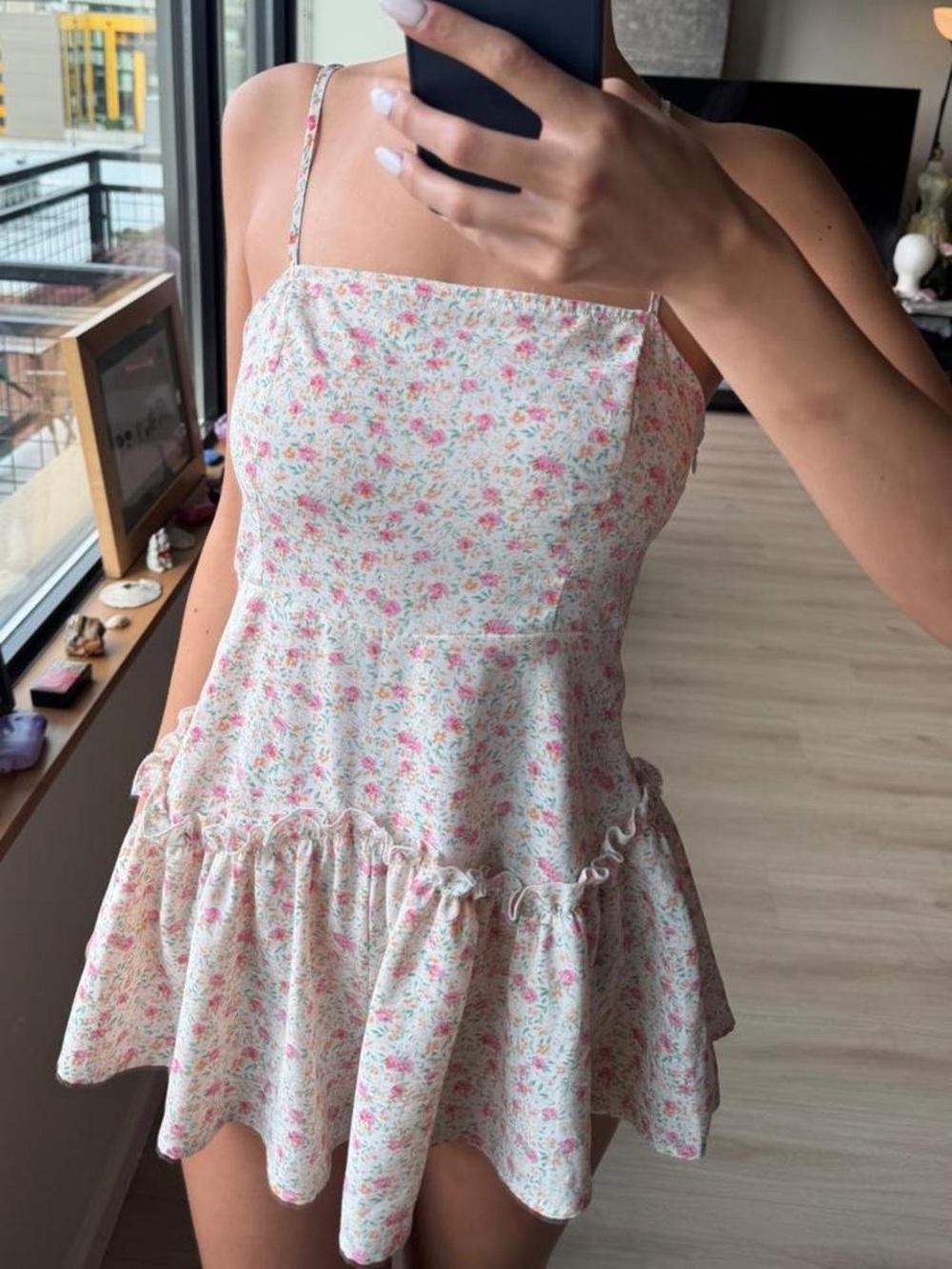 Floral adjuatable Spaghetti Strap Mini Romper - White with Pink Flowers